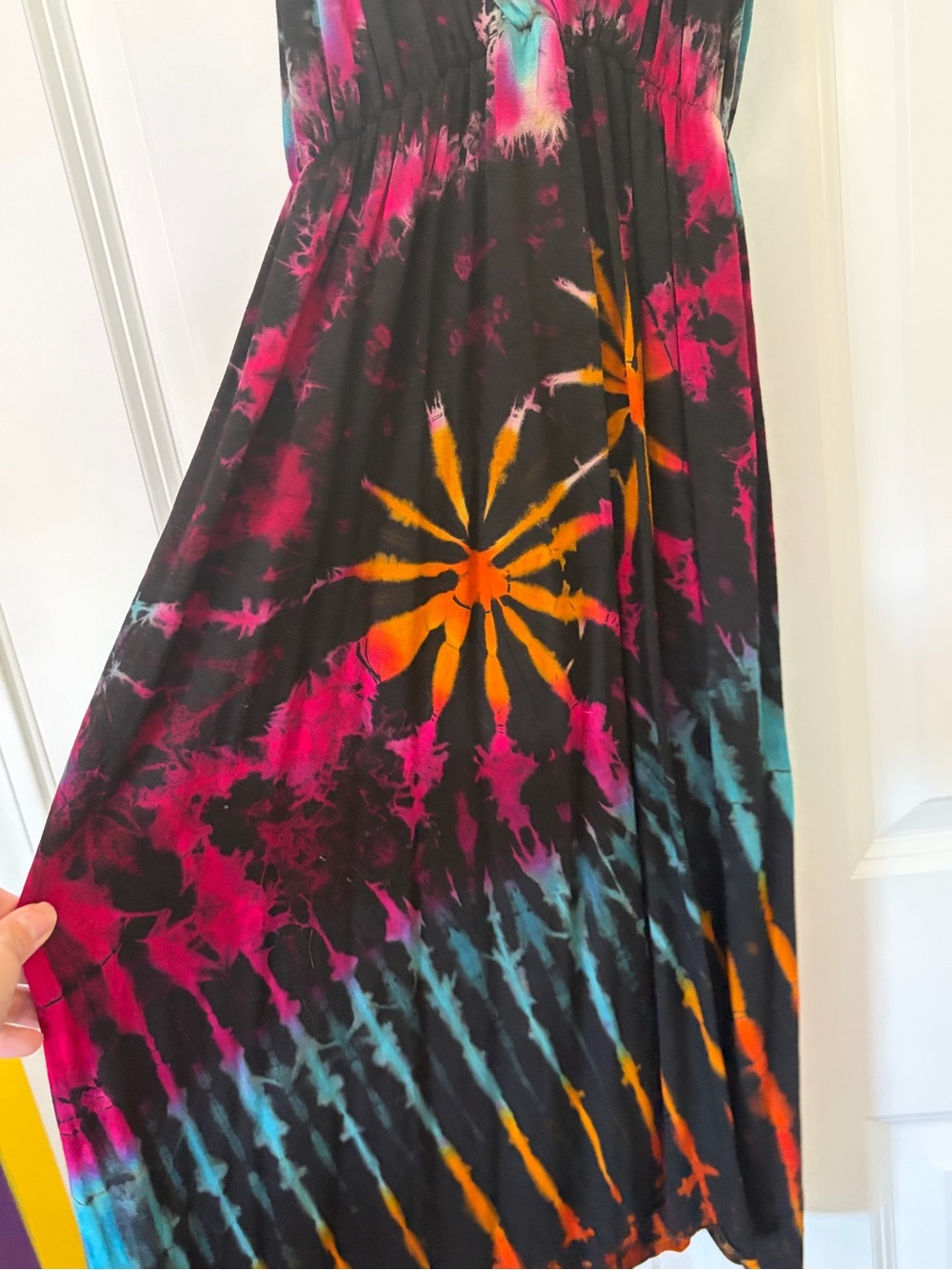 Tie-Dye V-Neck Midi Dress in Black with Teal & Fuchsia - Picture 2 of 5